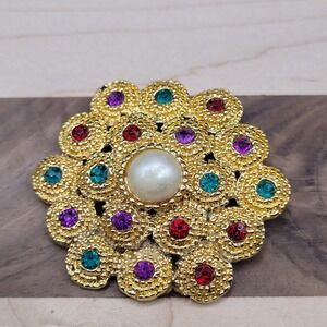 Vintage Brooch Gold Tone MCM Modernist Flower Round Pearls Multicolor Stones